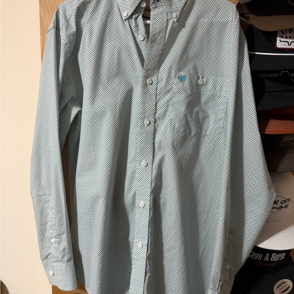 Wrangler Men's Teal Patterned Button Down Long Sleeve Shirt